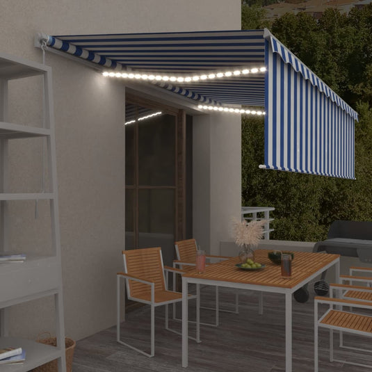 VidaXL Luifel handmatig uittrekbaar met rolgordijn LED 5x3 m blauw wit