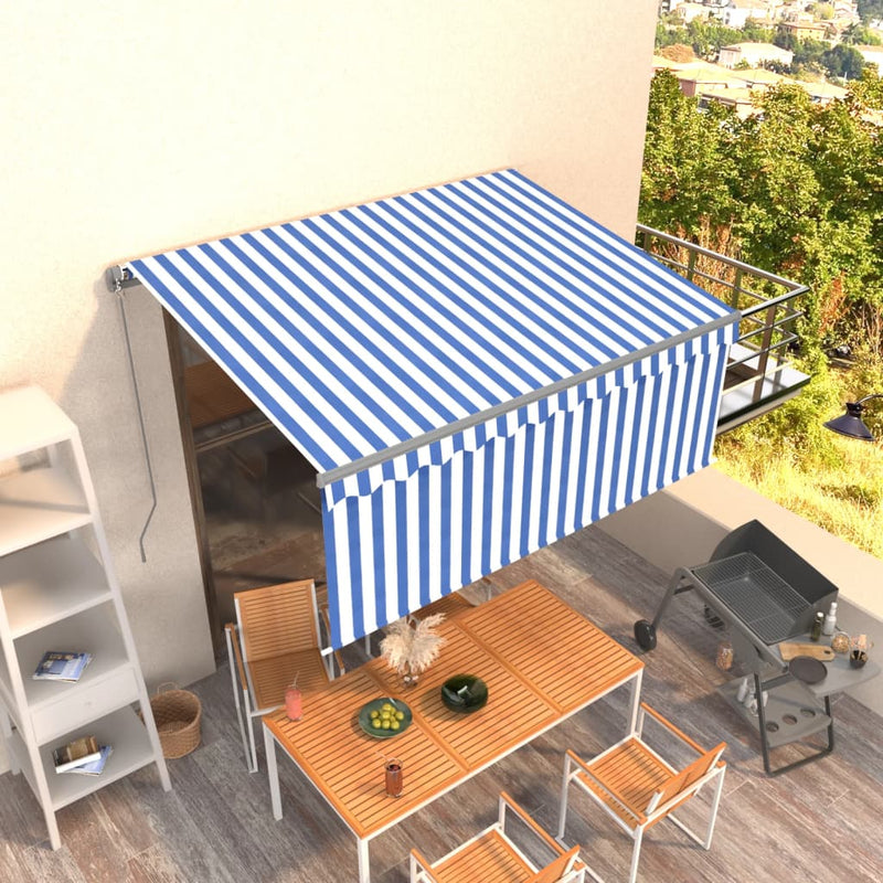 Load image into Gallery viewer, VidaXL Luifel handmatig uittrekbaar met rolgordijn 3,5x2,5 m blauw wit
