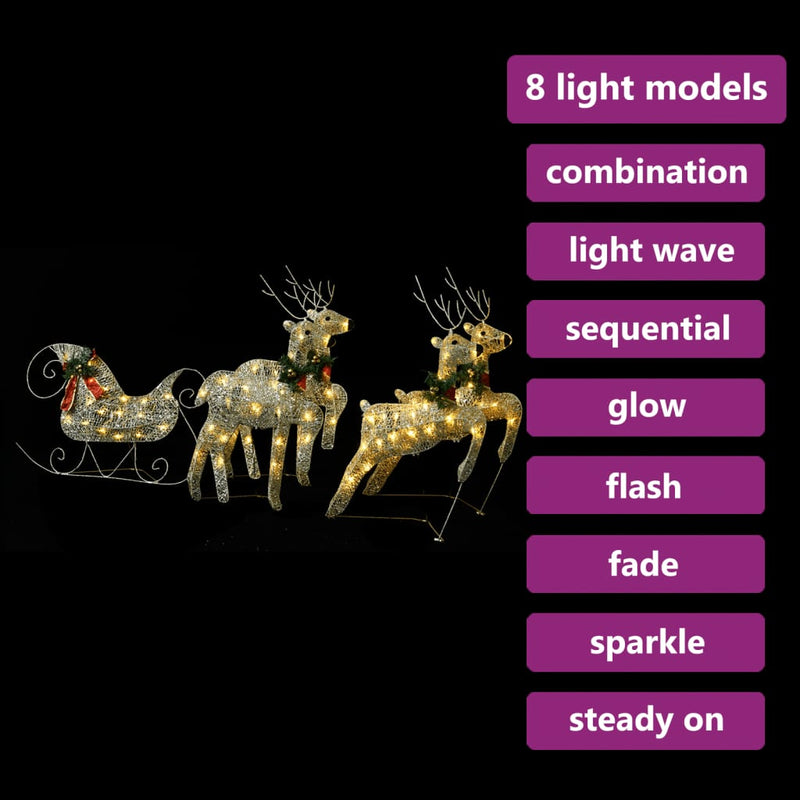 Load image into Gallery viewer, VidaXL Buitenkerstversiering rendieren en slee 100 LED's goudkleurig
