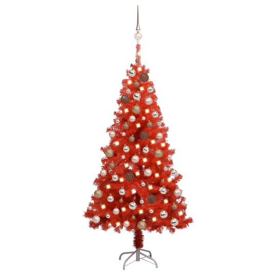 VidaXL Kunstkerstboom met verlichting en kerstballen 150 cm PVC rood