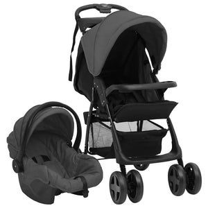 Vidaxl kinderwagen 3-in-1 staal donkergrijs en zwart