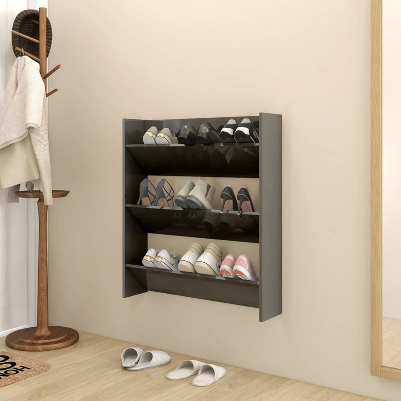 Load image into Gallery viewer, VidaXL Wandschoenenkast 80x18x90 cm bewerkt hout hoogglans grijs
