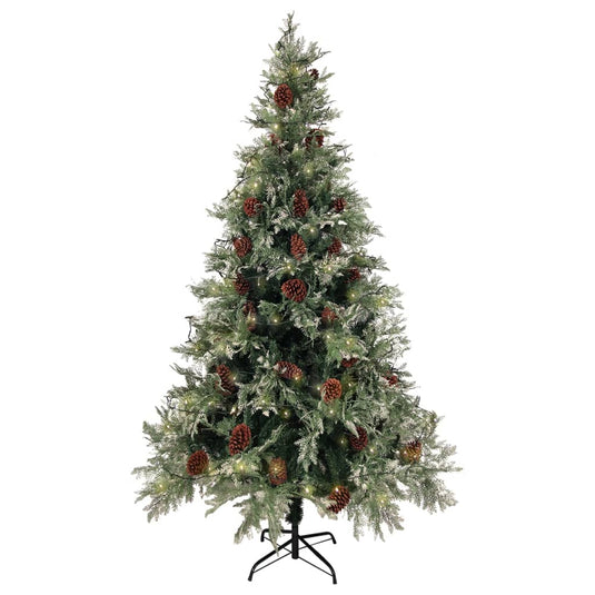 Vidaxl kerstboom met led en dennenappels 195 cm pvc en pe groen en wit
