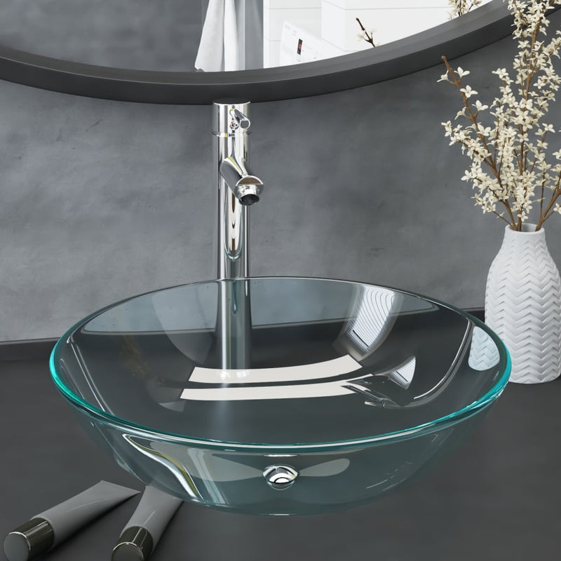 Load image into Gallery viewer, Vidaxl wastafel met kraan en pop-up afvoer gehard glas transparant
