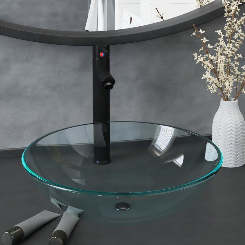 Load image into Gallery viewer, Vidaxl wastafel met kraan en pop-up afvoer gehard glas transparant
