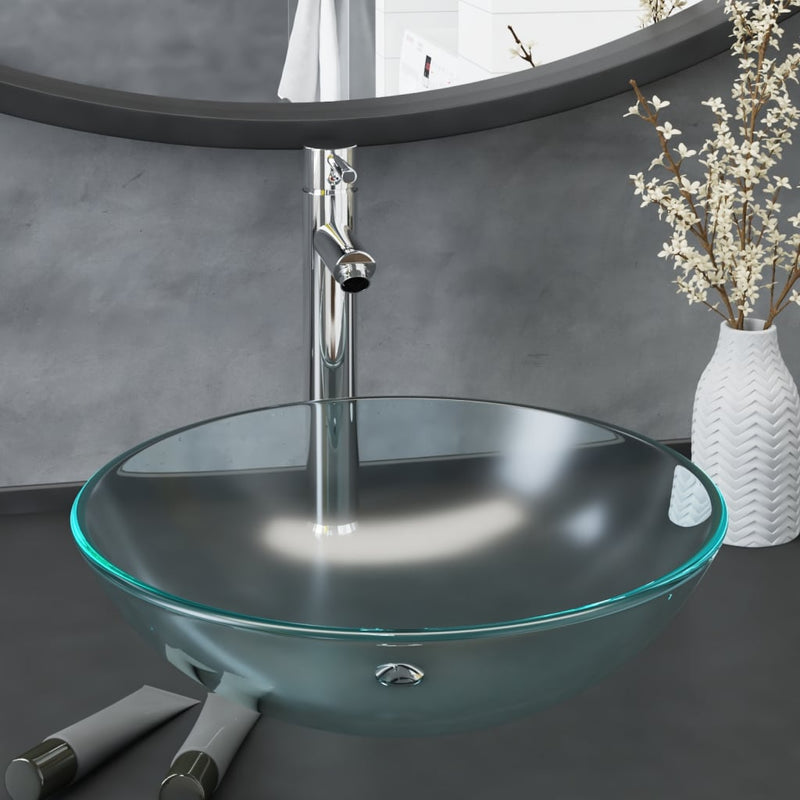 Load image into Gallery viewer, Vidaxl wastafel met kraan en pop-up afvoer mat gehard glas
