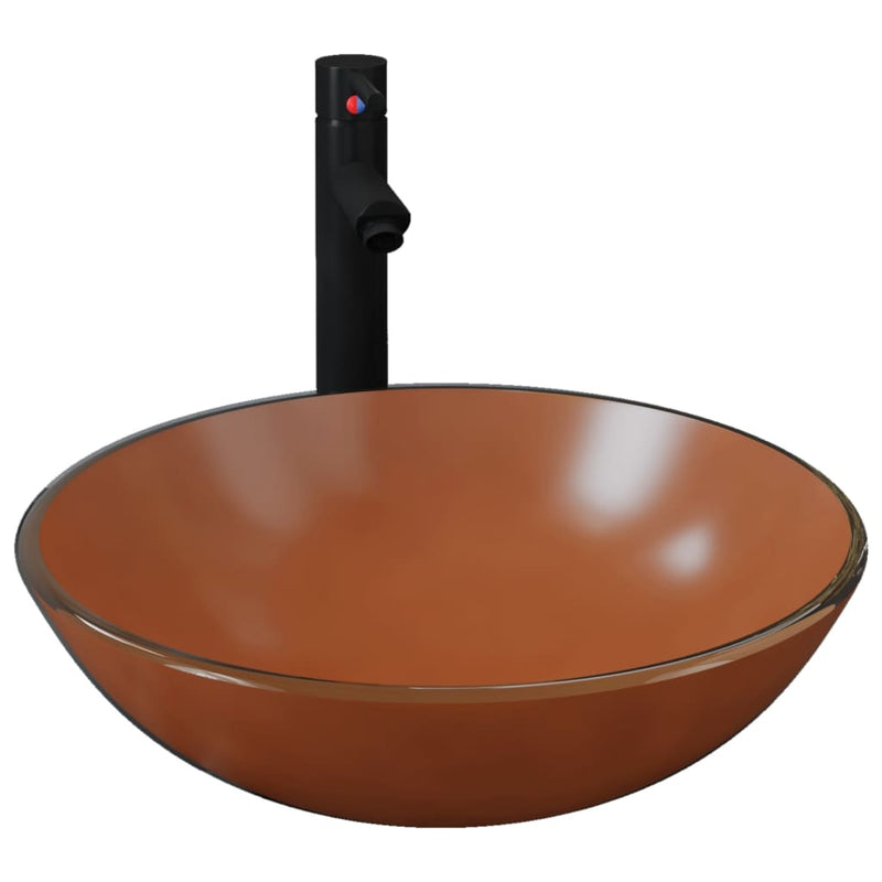 Load image into Gallery viewer, Vidaxl wastafel met kraan en pop-up afvoer gehard glas bruin
