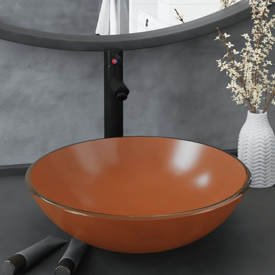 Vidaxl wastafel met kraan en pop-up afvoer gehard glas bruin