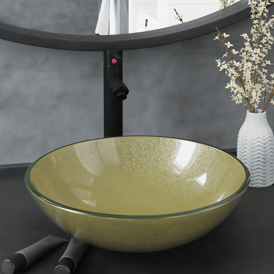 Vidaxl wastafel met kraan en pop-up afvoer gehard glas goudkleurig