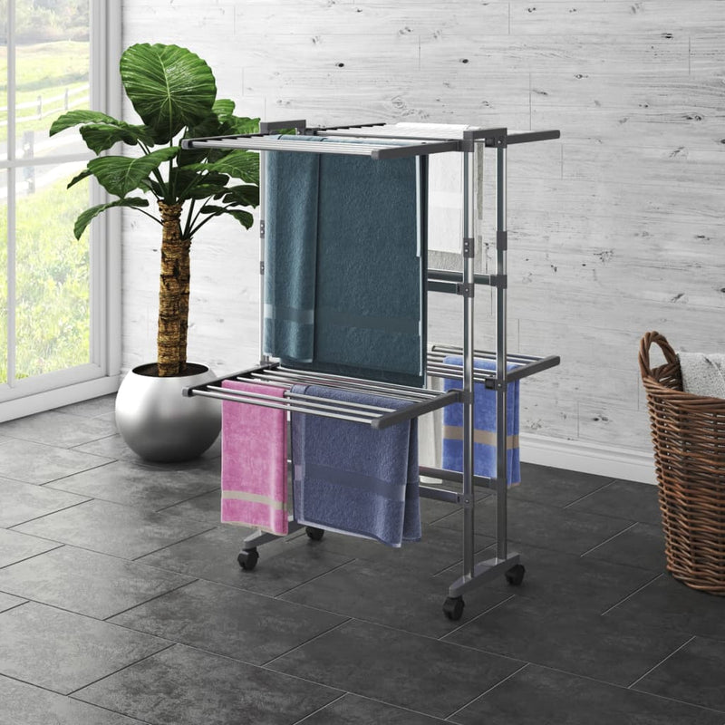 Afbeelding laden in galerijviewer, Vidaxl droogrek 2-laags met wieltjes 60x70x106 cm zilverkleurig
