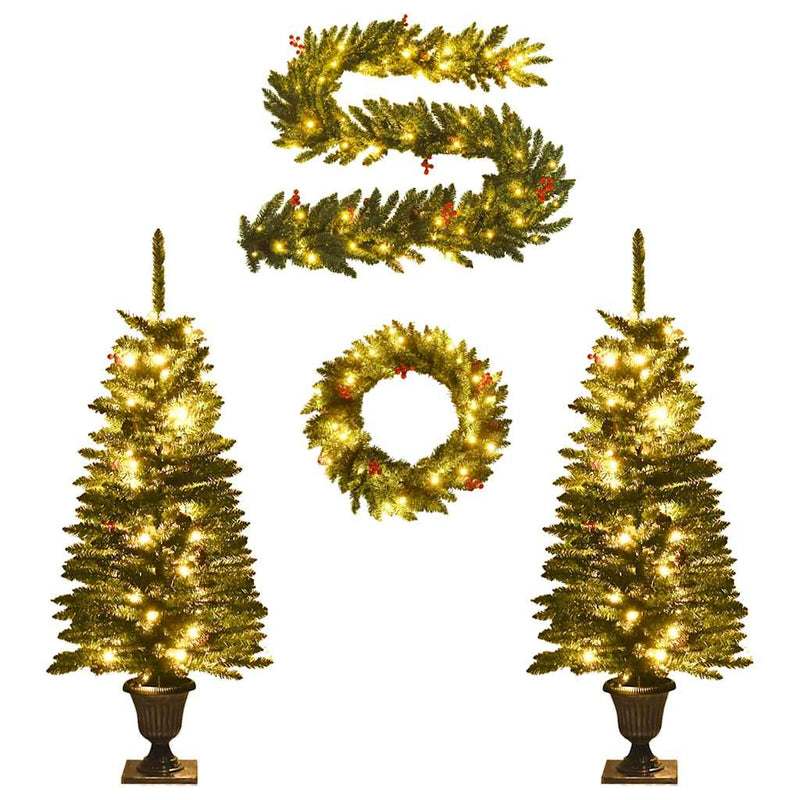 Load image into Gallery viewer, Vidaxl kunstkerstbomen 2 st met krans, guirlande en led's
