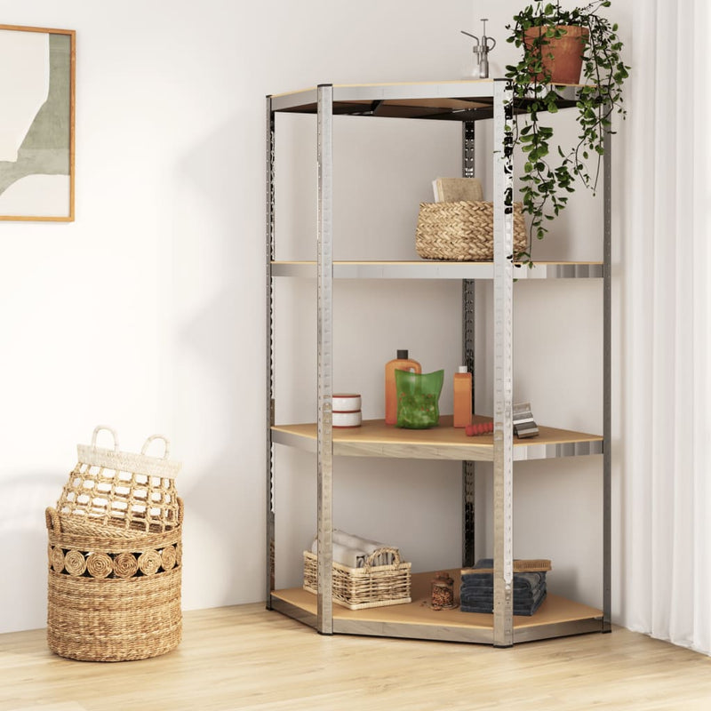 Load image into Gallery viewer, Vidaxl hoekrek 4-laags staal en bewerkt hout zilverkleurig

