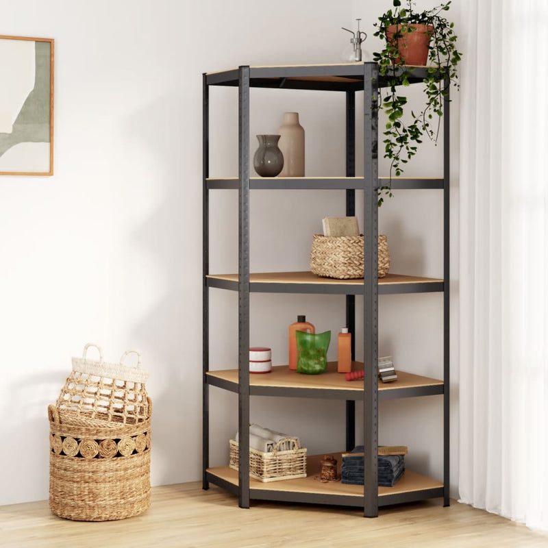 Load image into Gallery viewer, VidaXL Hoekrek 5-laags staal en bewerkt hout antracietkleurig
