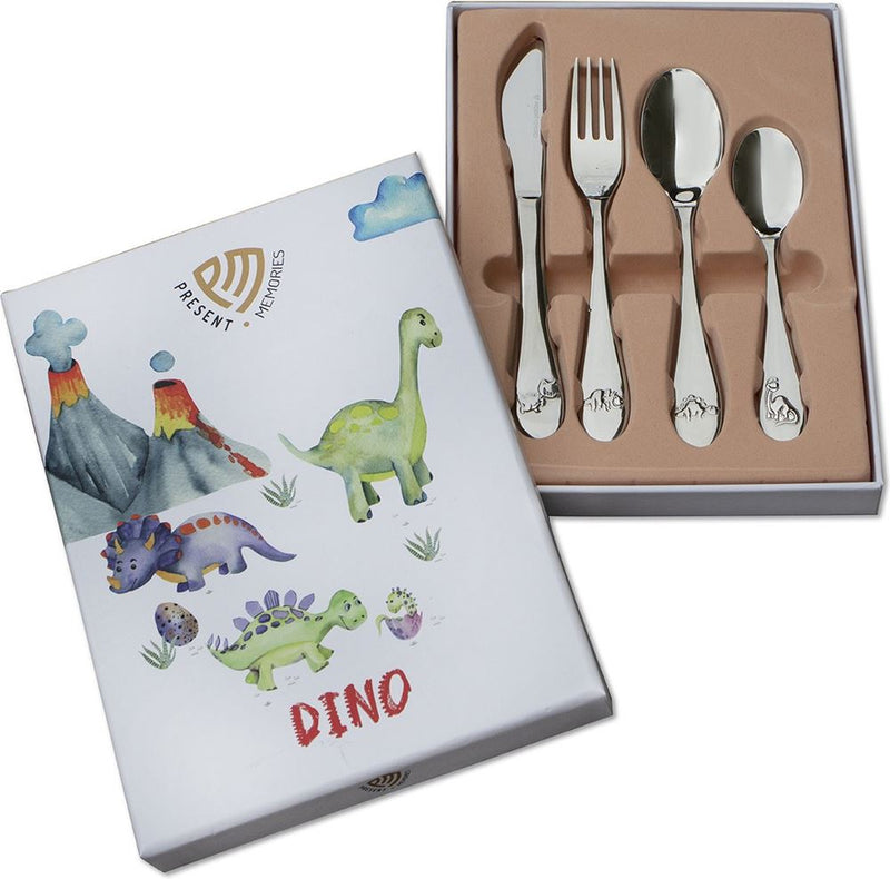 Laden Sie das Bild in Galerie -Viewer, Present memories - kinderbestek - 4 delig - dino - zilverwit rvs
