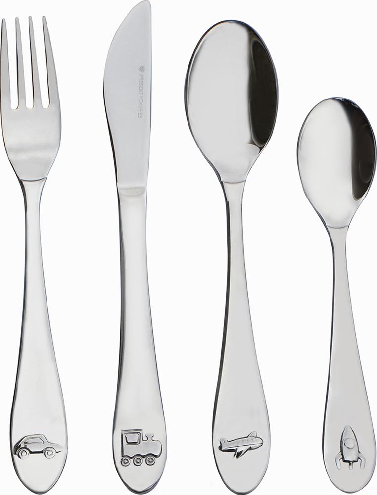 Laden Sie das Bild in Galerie -Viewer, Present memories - kinderbestek - 4 delig - travel - auto vliegtuig trein raket - zilverwit rvs
