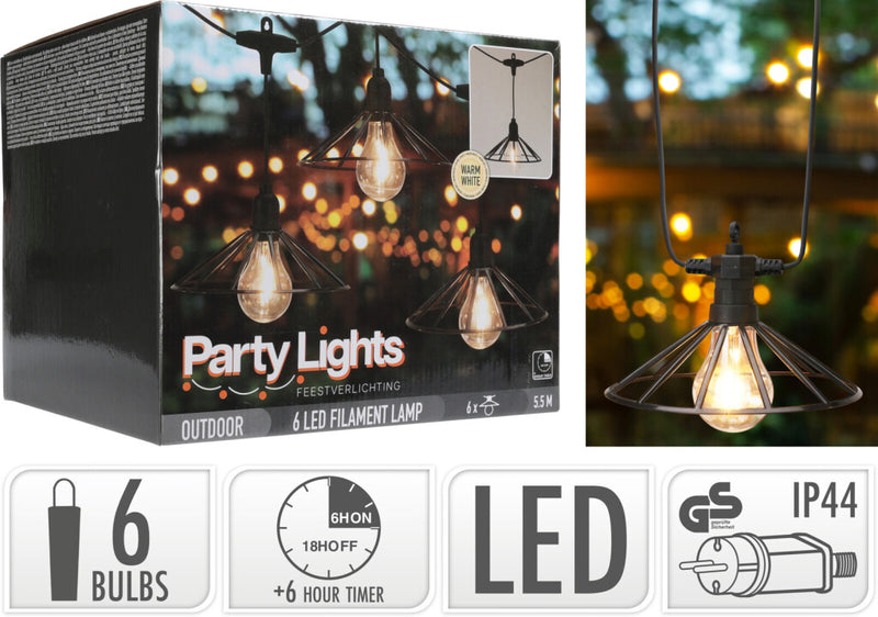 Cargue la imagen en el visor de la galería, Excellent houseware pro garden party lights vintage led lichtsnoer 6 filament lampen met industrieel korfje 5.5m ip44
