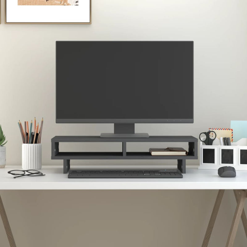 Load image into Gallery viewer, Vidaxl monitorstandaard 60x27x14 cm massief grenenhout grijs
