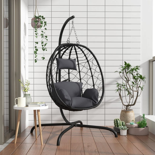 Vidaxl hangende ei-stoel met kussen antraciet poly rattan staal