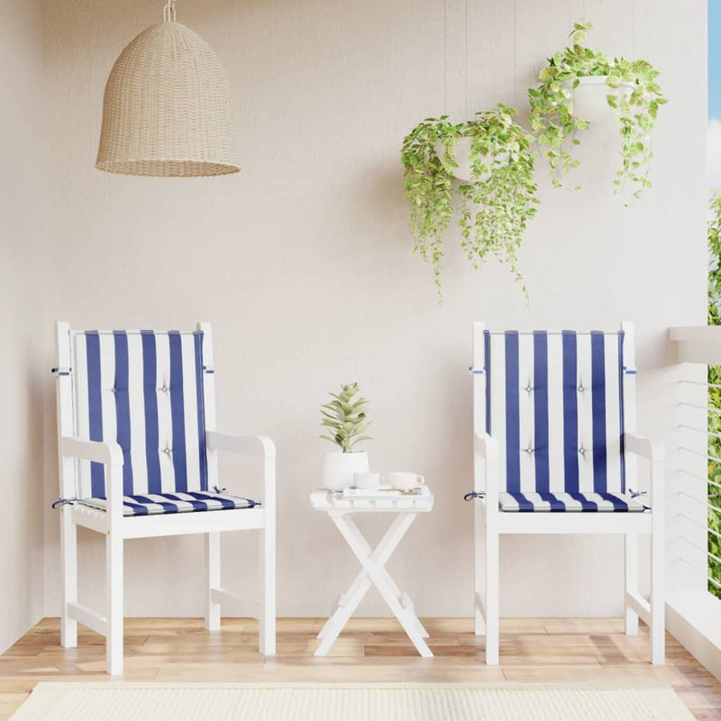 Load image into Gallery viewer, Vidaxl stoelkussens 2 st lage rug gestreept stof wit en blauw
