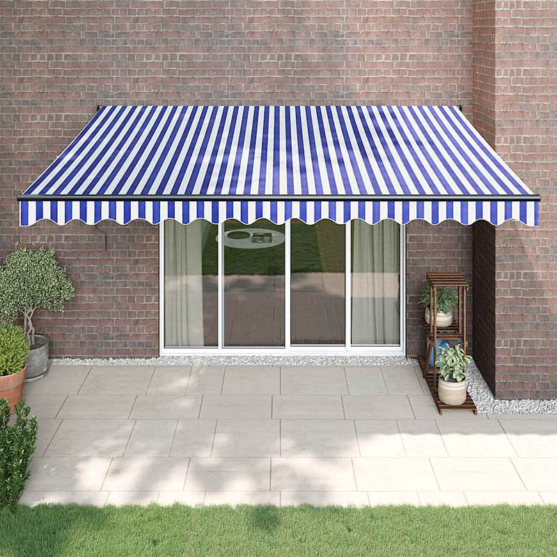 Afbeelding laden in galerijviewer, Vidaxl luifel uittrekbaar 4x3 m stof en aluminium blauw en wit

