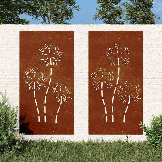 Vidaxl wanddecoratie tuin 2 st bloemenontwerp 105x55 cm cortenstaal