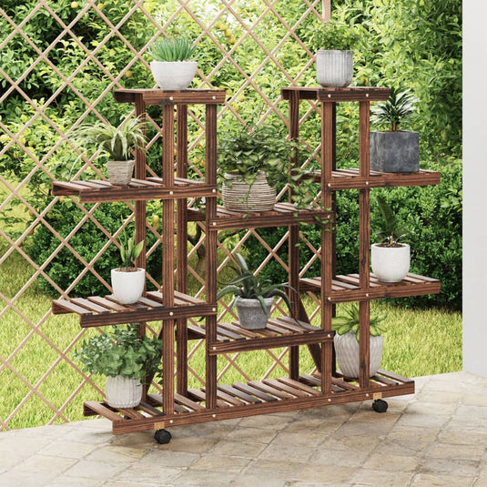 Vidaxl plantenstandaard met wielen 110x25x115 cm massief vurenhout