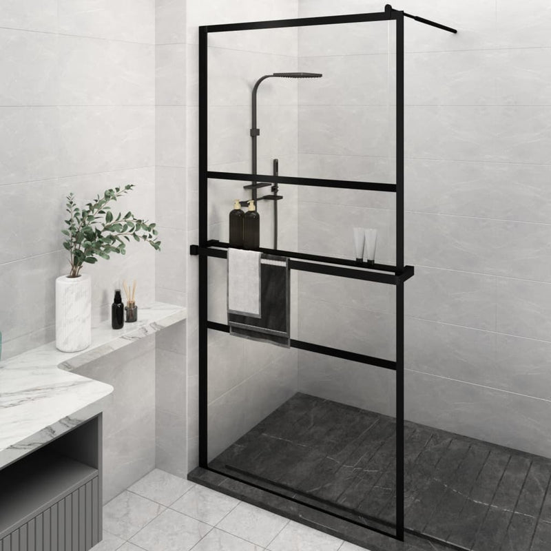 Load image into Gallery viewer, VidaXL Inloopdouchewand met schap 115x195 cm ESG-glas aluminium zwart

