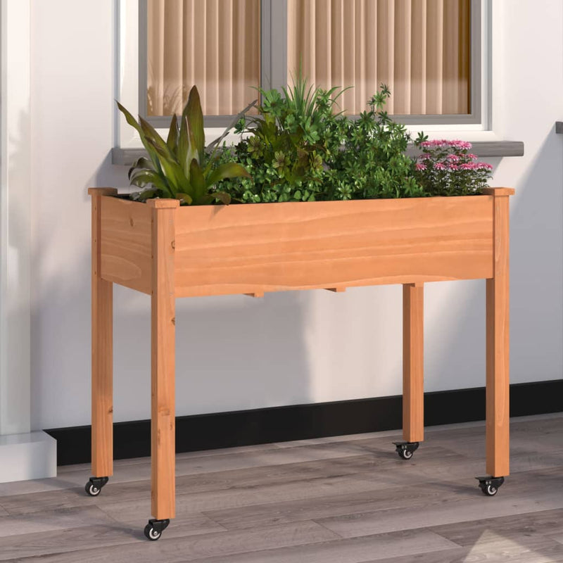 Cargue la imagen en el visor de la galería, Vidaxl plantenbak op wieltjes 118x59x80 cm massief vurenhout bruin
