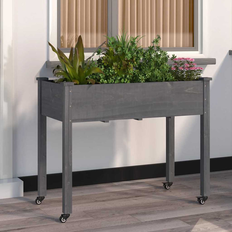Cargue la imagen en el visor de la galería, Vidaxl plantenbak op wieltjes 118x59x80 cm massief vurenhout grijs

