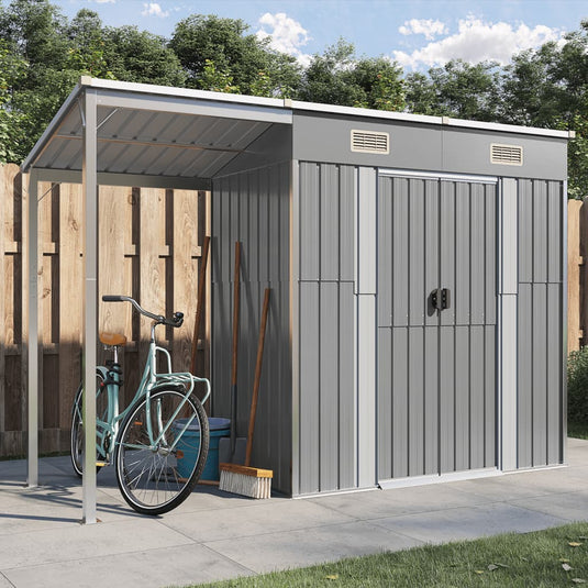 VidaXL Tuinschuur met verlengd dak 277x110,5x181 cm staal lichtgrijs