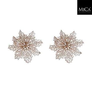 Mica decorations clip poinsettia 3x13.5 cm 2 stuks champagne