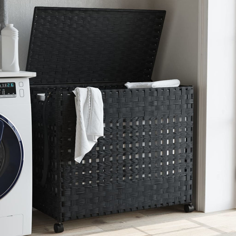 Load image into Gallery viewer, Vidaxl wasmand op wielen 66x35x60 cm rattan zwart
