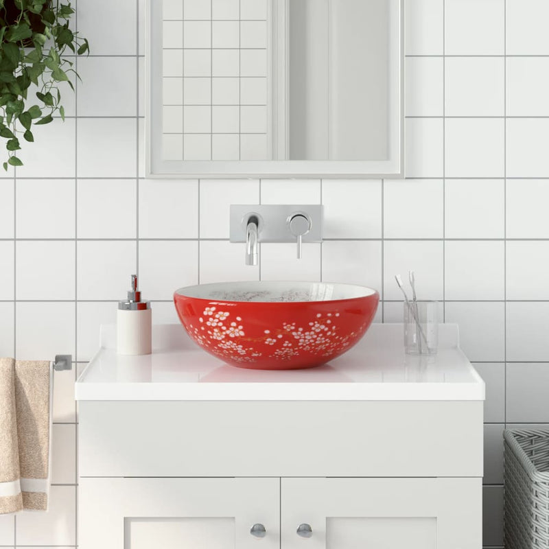 Load image into Gallery viewer, Vidaxl opzetwasbak rond φ41x14 cm keramiek wit en rood
