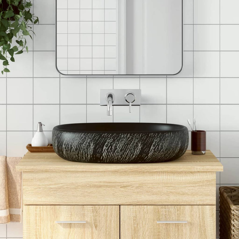 Cargue la imagen en el visor de la galería, Vidaxl opzetwasbak ovaal 59x40x14 cm keramiek zwart
