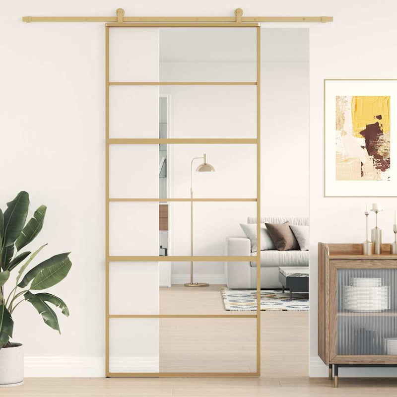 Load image into Gallery viewer, Vidaxl schuifdeur 90x205 cm helder esg-glas en aluminium goudkleurig
