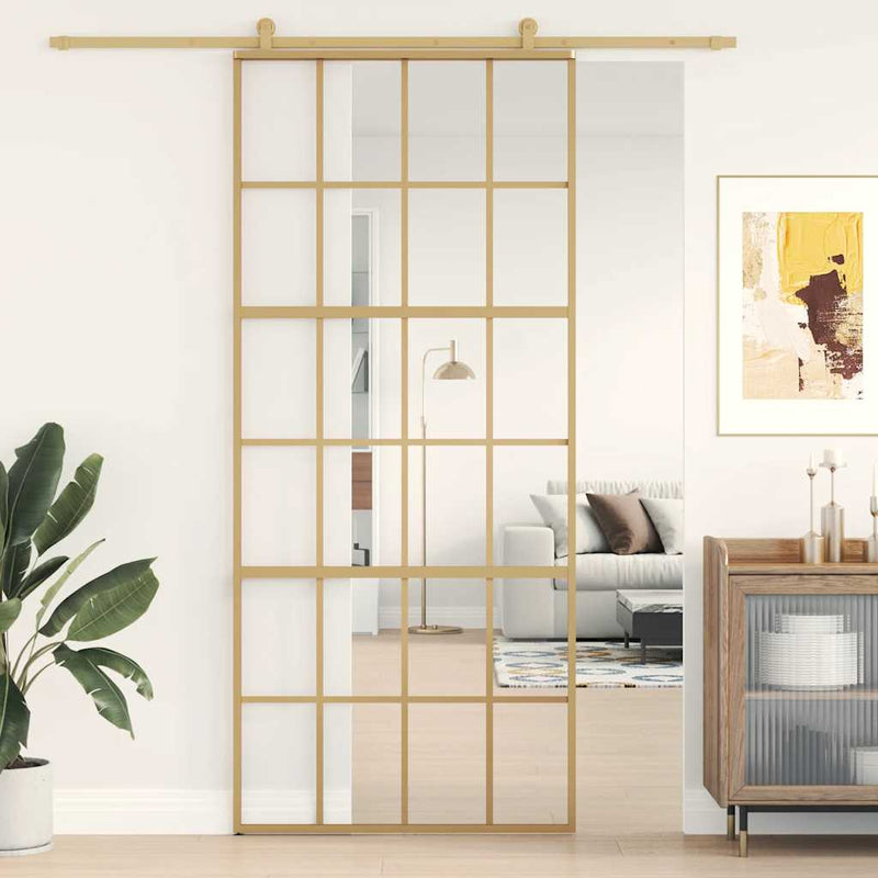 Afbeelding laden in galerijviewer, Vidaxl schuifdeur 90x205 cm helder esg-glas en aluminium goudkleurig
