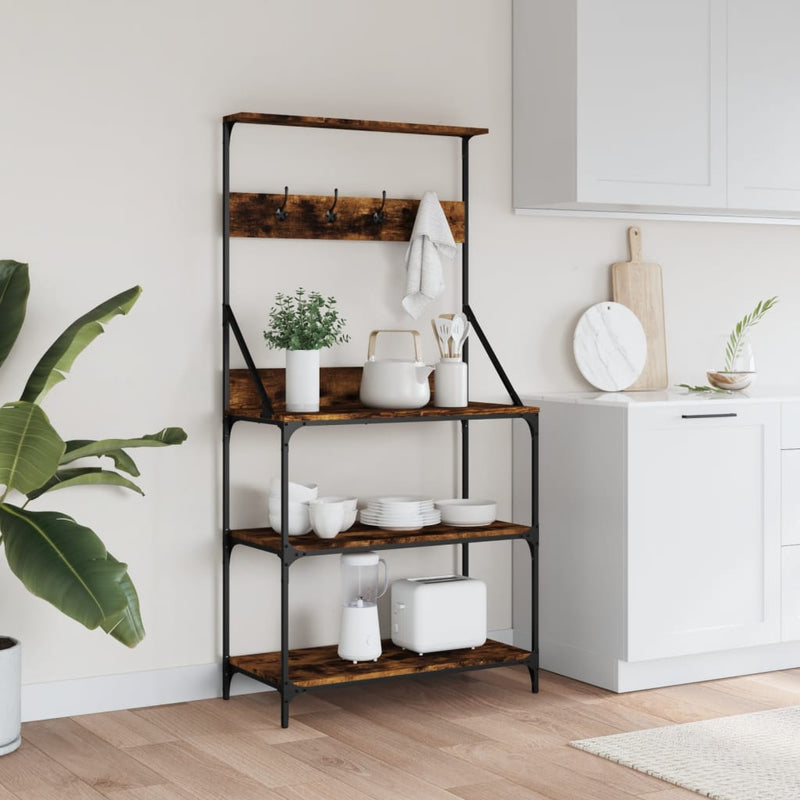 Load image into Gallery viewer, Vidaxl bakkersrek met haken 4-laags bewerkt hout gerookt eikenkleurig
