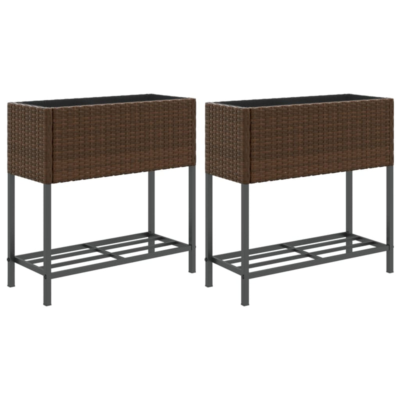 Load image into Gallery viewer, Vidaxl plantenbakken met schap 2 st 70x28x70 poly rattan bruin
