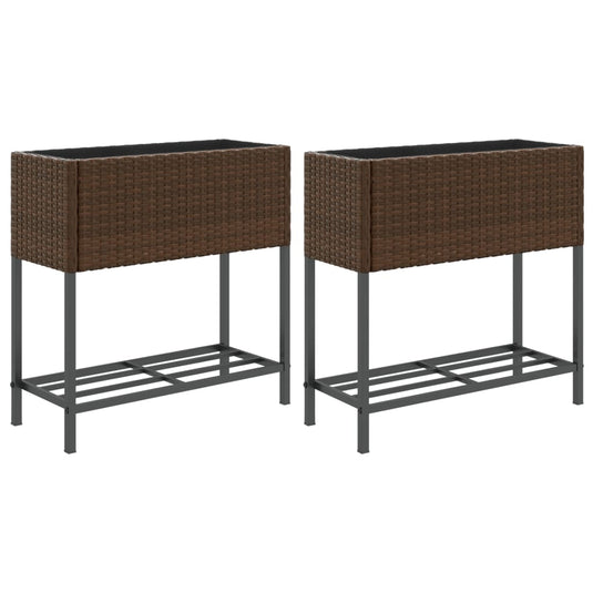 Vidaxl plantenbakken met schap 2 st 70x28x70 poly rattan bruin