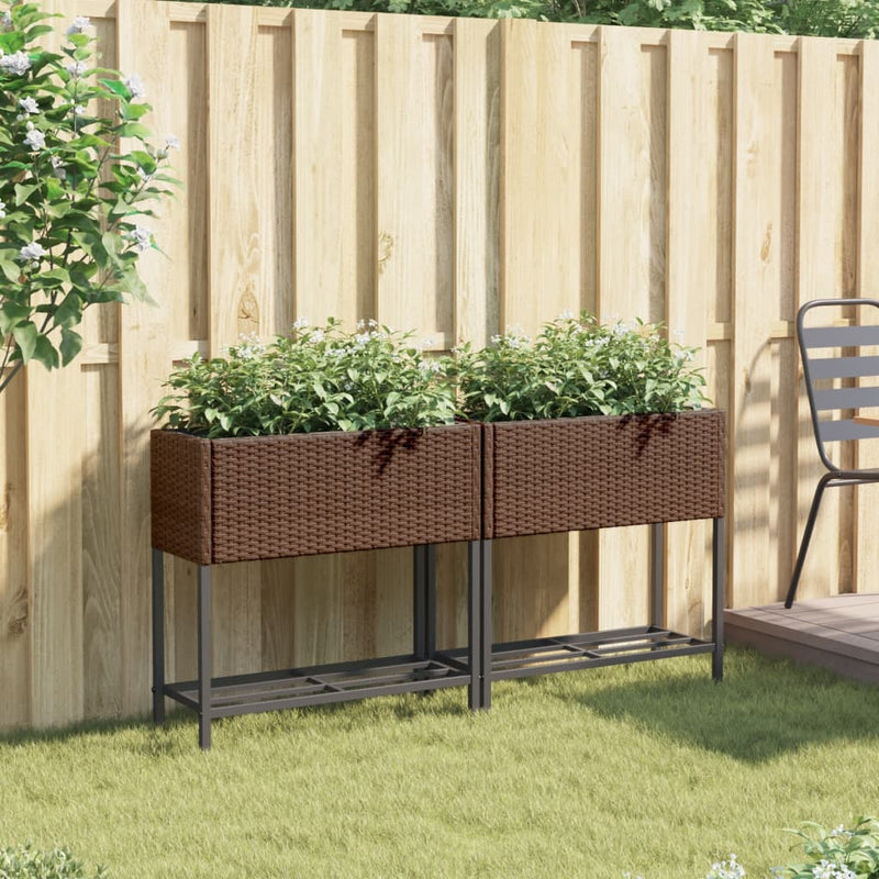 Load image into Gallery viewer, Vidaxl plantenbakken met schap 2 st 70x28x70 poly rattan bruin
