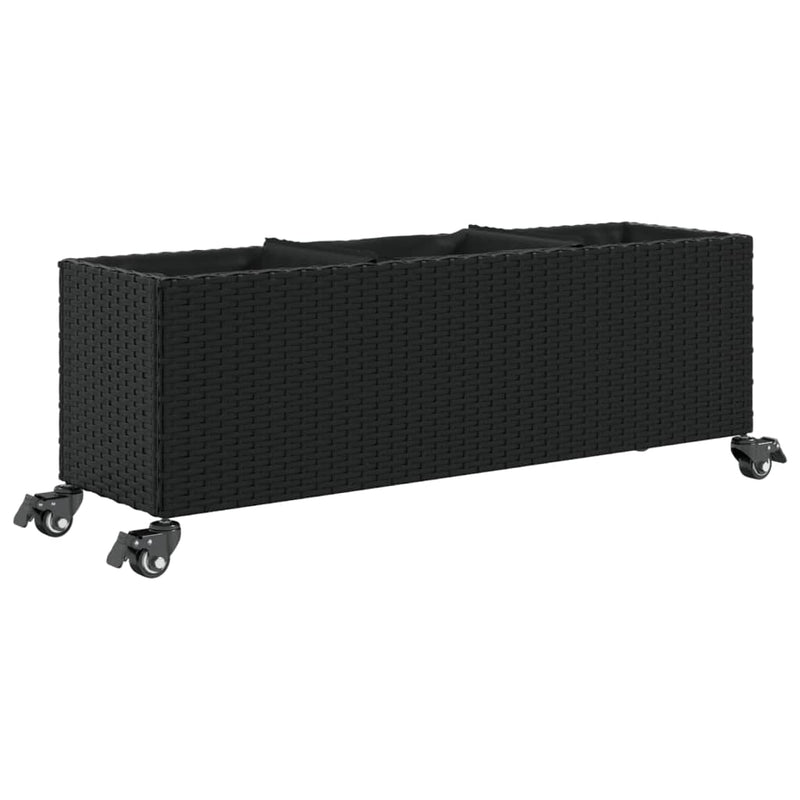 Load image into Gallery viewer, Vidaxl plantenbak met wielen 3 potten 107x32x38 cm poly rattan zwart
