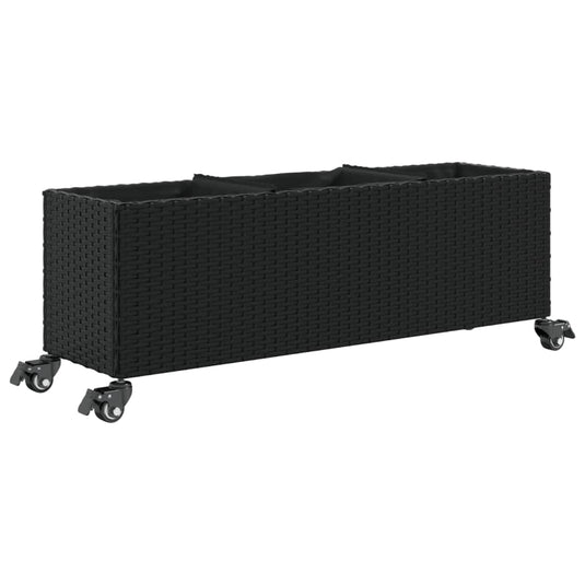 Vidaxl plantenbak met wielen 3 potten 107x32x38 cm poly rattan zwart