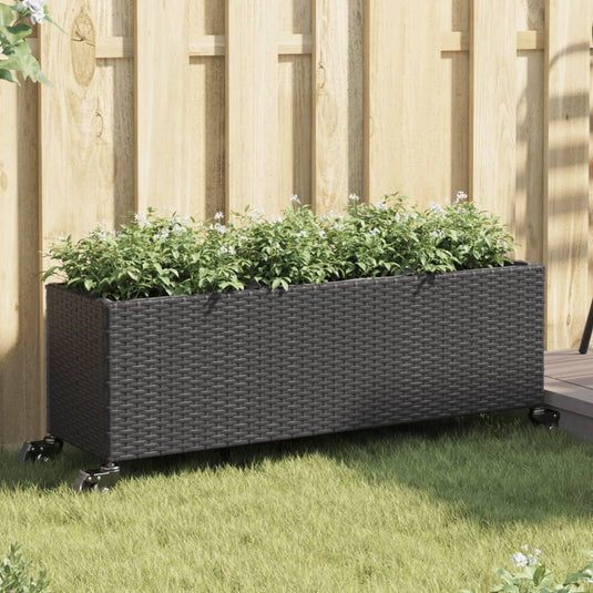 Vidaxl plantenbak met wielen 3 potten 107x32x38 cm poly rattan zwart