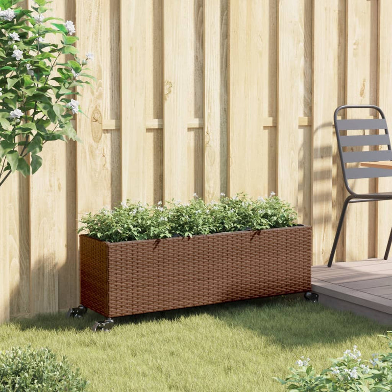 Chargez l'image dans la visionneuse de la galerie, Vidaxl plantenbak met wielen 3 potten 107x32x38 cm poly rattan bruin
