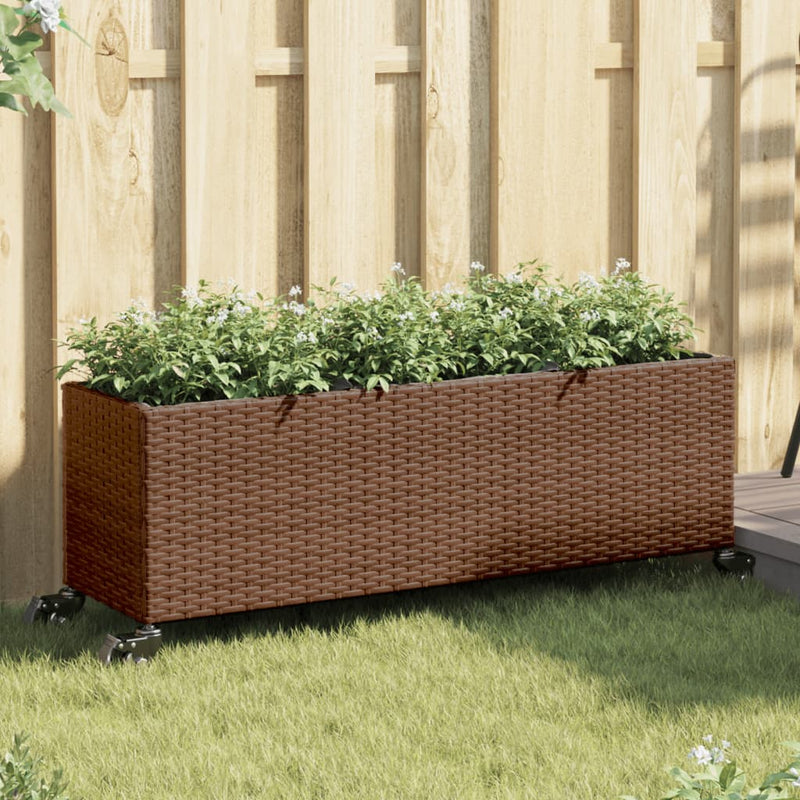 Chargez l'image dans la visionneuse de la galerie, Vidaxl plantenbak met wielen 3 potten 107x32x38 cm poly rattan bruin
