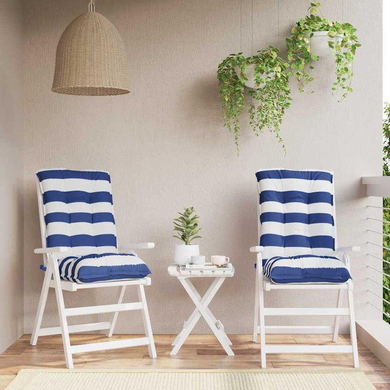 Laden Sie das Bild in Galerie -Viewer, Vidaxl stoelkussens 2 st lage rug gestreept stof wit en blauw
