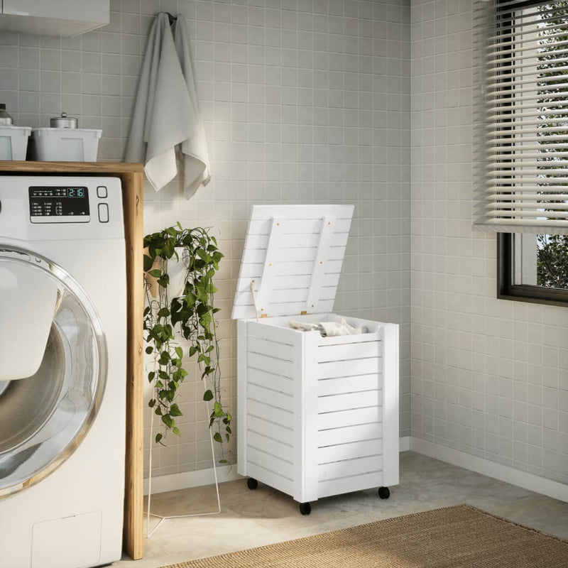 Load image into Gallery viewer, Vidaxl wasmand met wielen rana 45x45x64 cm massief grenenhout wit

