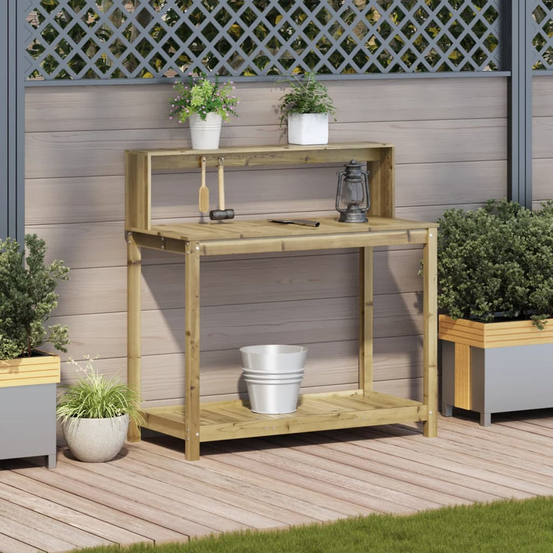 Load image into Gallery viewer, Vidaxl oppottafel met schappen 108x50x109,5 cm geïmpregneerd hout
