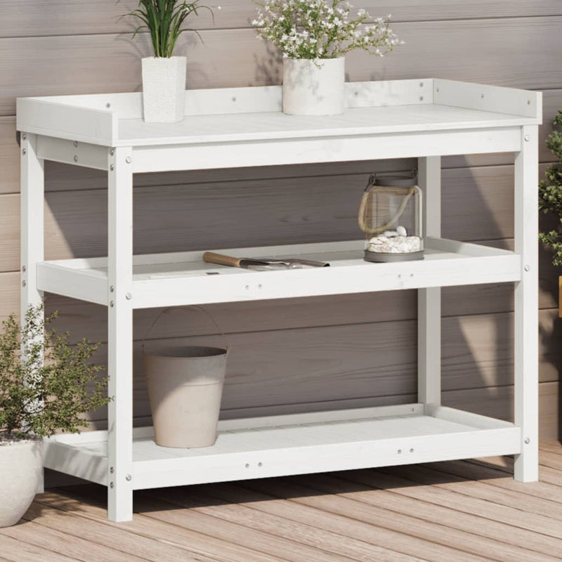 Load image into Gallery viewer, Vidaxl oppottafel met schappen 108x45x86,5 cm massief grenenhout wit
