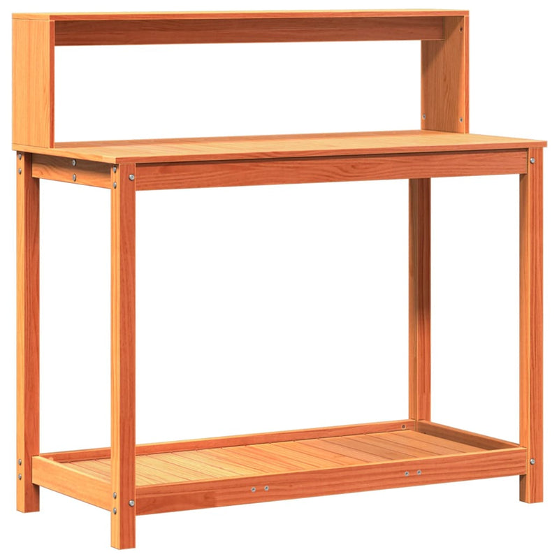 Load image into Gallery viewer, Vidaxl oppottafel met schappen 108x50x109,5 cm grenenhout bruin
